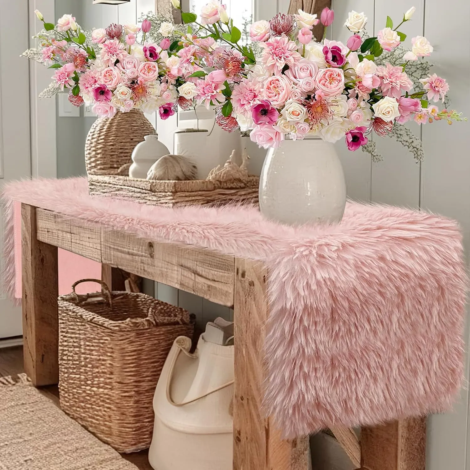 Blush Pink Table Runner Short, 48 inch Spring Pastel Pink Fluffy Faux Fur Dresser Runners for Bedroom Furniture, Dining Room, Furry Dresser Cover Top, Mother's Day Wedding Home Decor