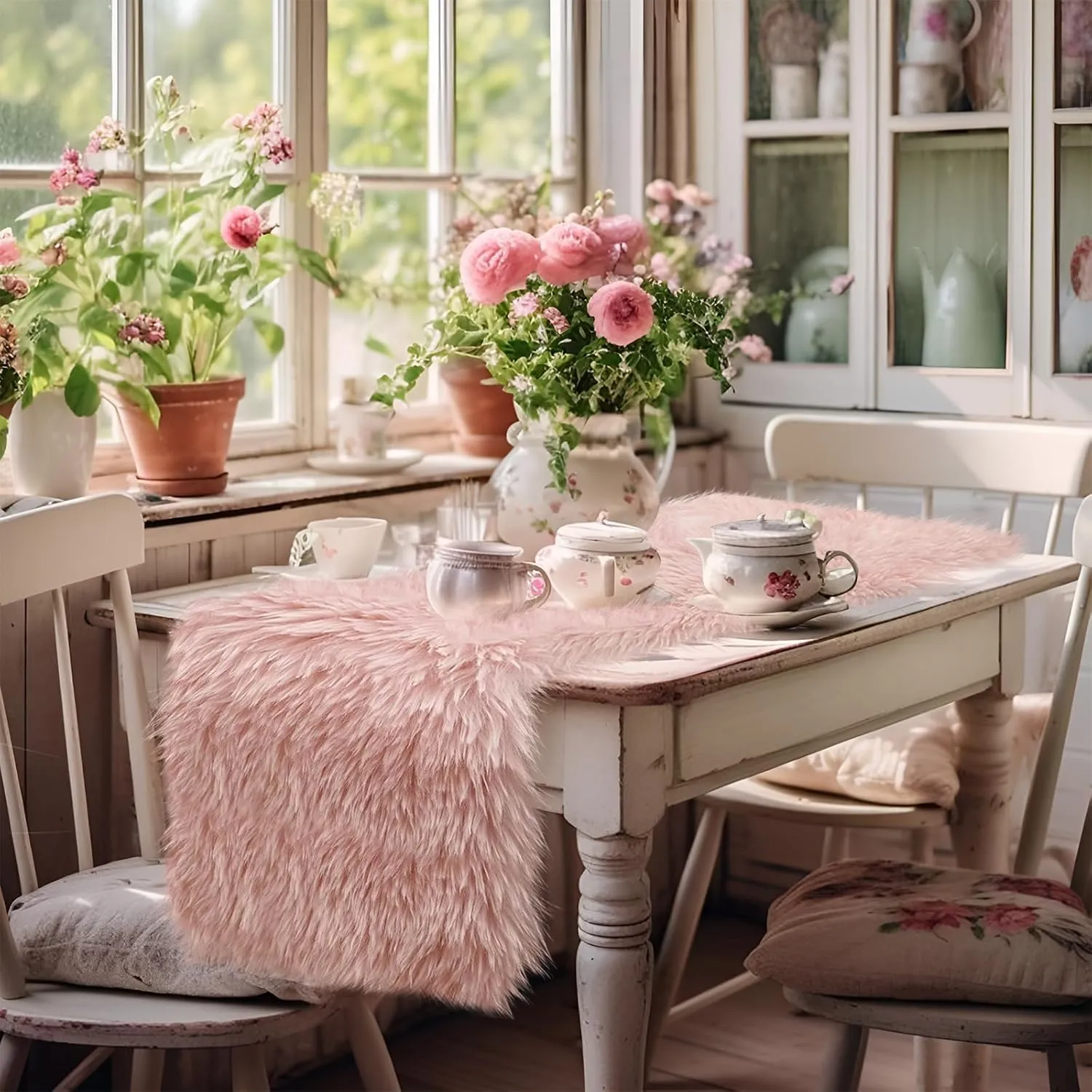 Blush Pink Table Runner Short, 48 inch Spring Pastel Pink Fluffy Faux Fur Dresser Runners for Bedroom Furniture, Dining Room, Furry Dresser Cover Top, Mother's Day Wedding Home Decor