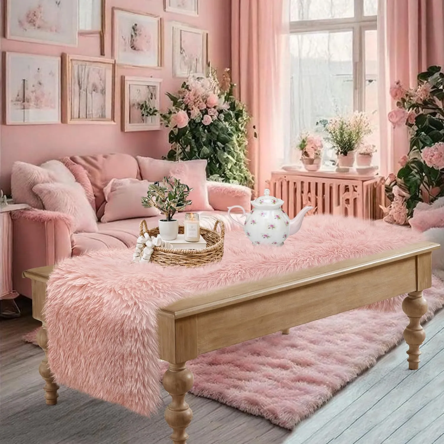 Blush Pink Table Runner Short, 48 inch Spring Pastel Pink Fluffy Faux Fur Dresser Runners for Bedroom Furniture, Dining Room, Furry Dresser Cover Top, Mother's Day Wedding Home Decor