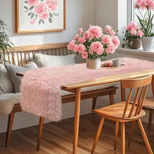 Blush Pink Table Runner Short, 48 inch Spring Pastel Pink Fluffy Faux Fur Dresser Runners for Bedroom Furniture, Dining Room, Furry Dresser Cover Top, Mother's Day Wedding Home Decor