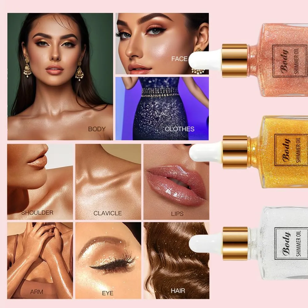 Body Shimmer Oil,Waterproof Long Lasting Moisturizing Bronze Body Luminizer Glow For Face & Body,Luxurious Illuminator Oil with Natural Origin Ingredients for Skin Glowing 1Fl Oz (SET)