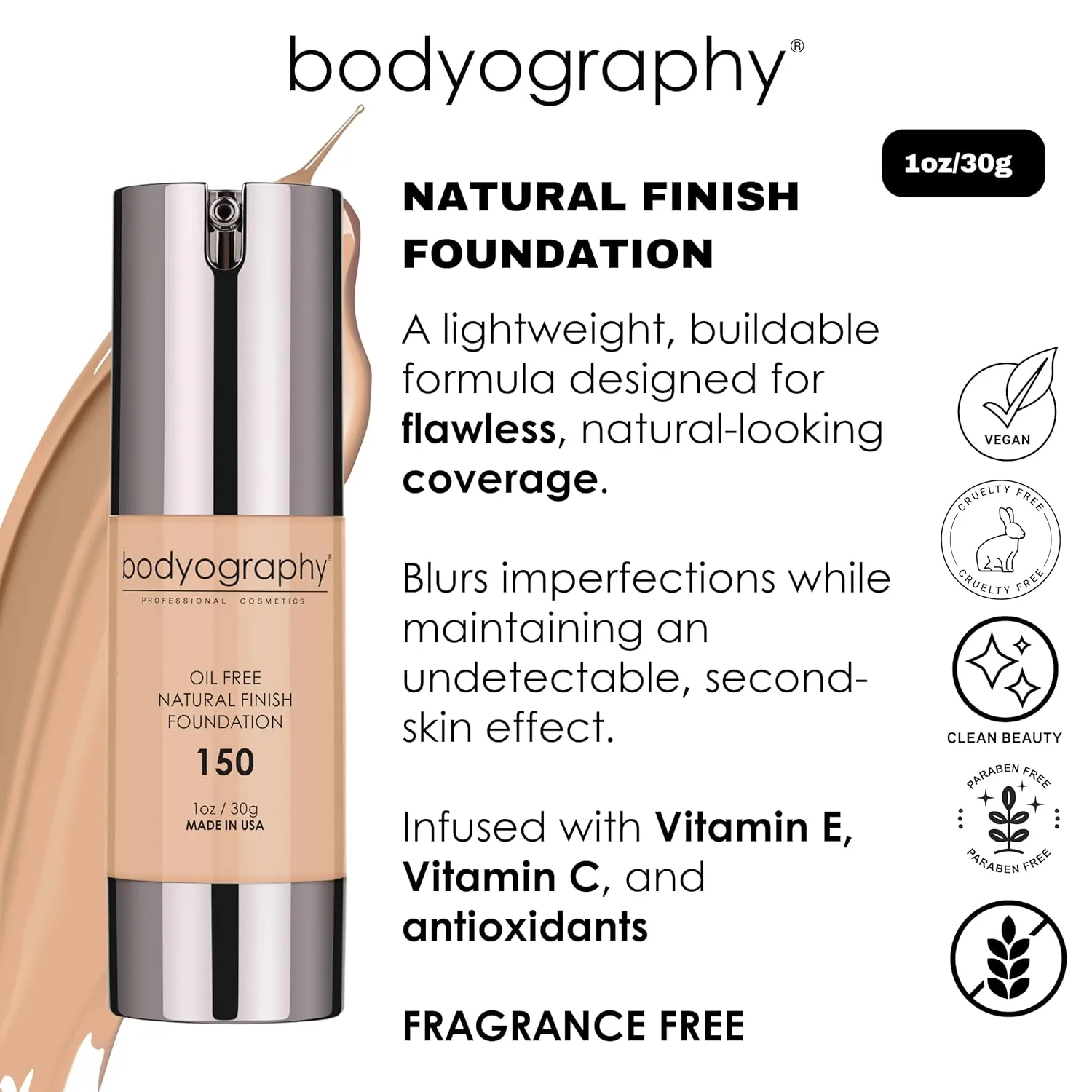 BODYOGRAPHY - NATURAL FINISH Foundation (Light #130): Oil-Free Anti-Aging Salon Natural Finish w/ Vitamin E, C, Antioxidants | Vegan, Gluten-Free, Paraben-Free