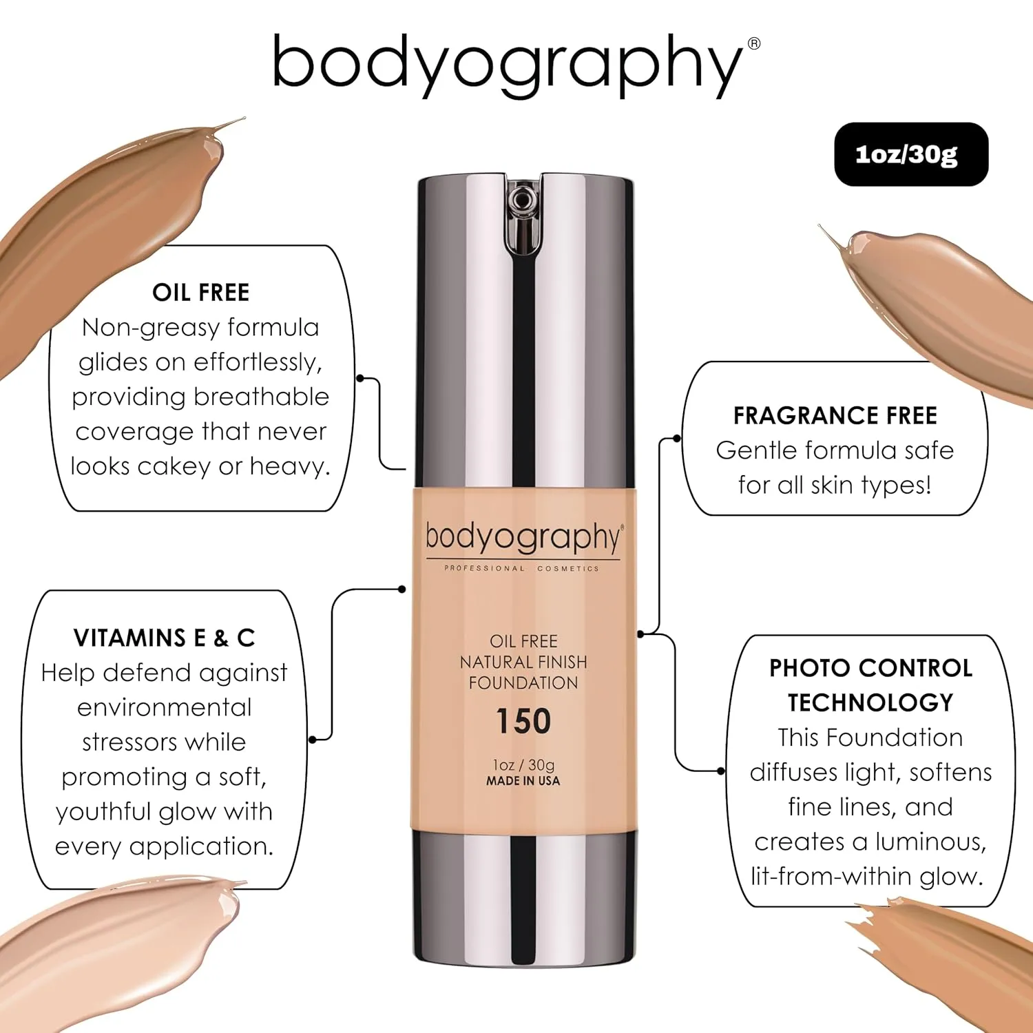 BODYOGRAPHY - NATURAL FINISH Foundation (Light #130): Oil-Free Anti-Aging Salon Natural Finish w/ Vitamin E, C, Antioxidants | Vegan, Gluten-Free, Paraben-Free