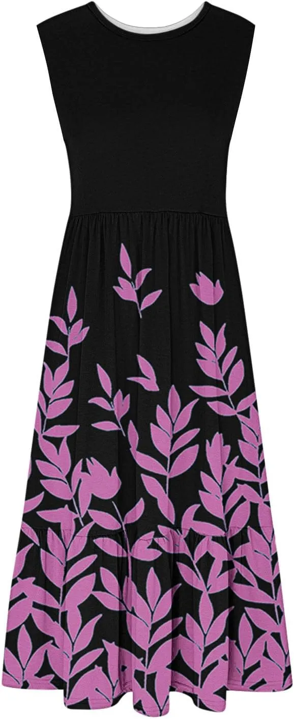 Boho Dresses for Women 2024 High Waist Ruched Maxi Tank Dresses Pockets Summer Hawaiian Dress Vacation Trendy