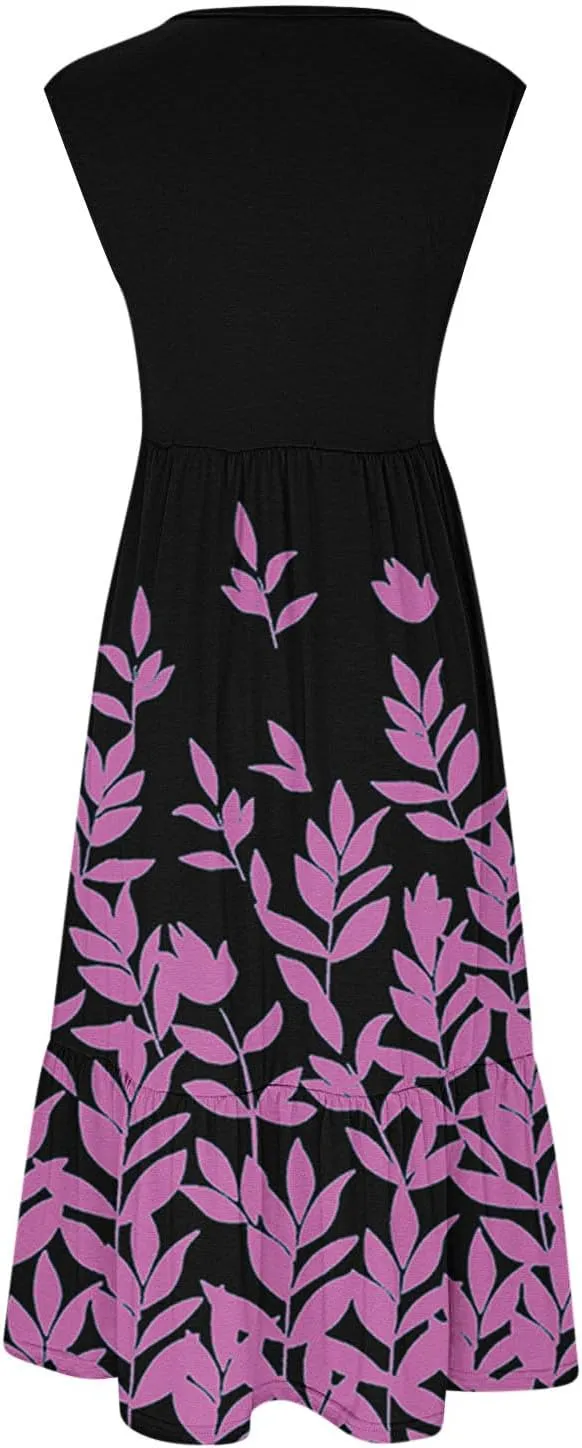 Boho Dresses for Women 2024 High Waist Ruched Maxi Tank Dresses Pockets Summer Hawaiian Dress Vacation Trendy