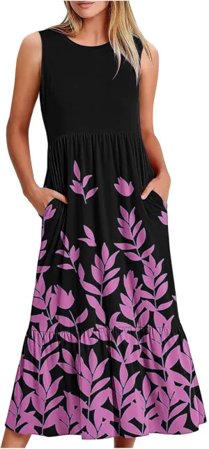 Boho Dresses for Women 2024 High Waist Ruched Maxi Tank Dresses Pockets Summer Hawaiian Dress Vacation Trendy