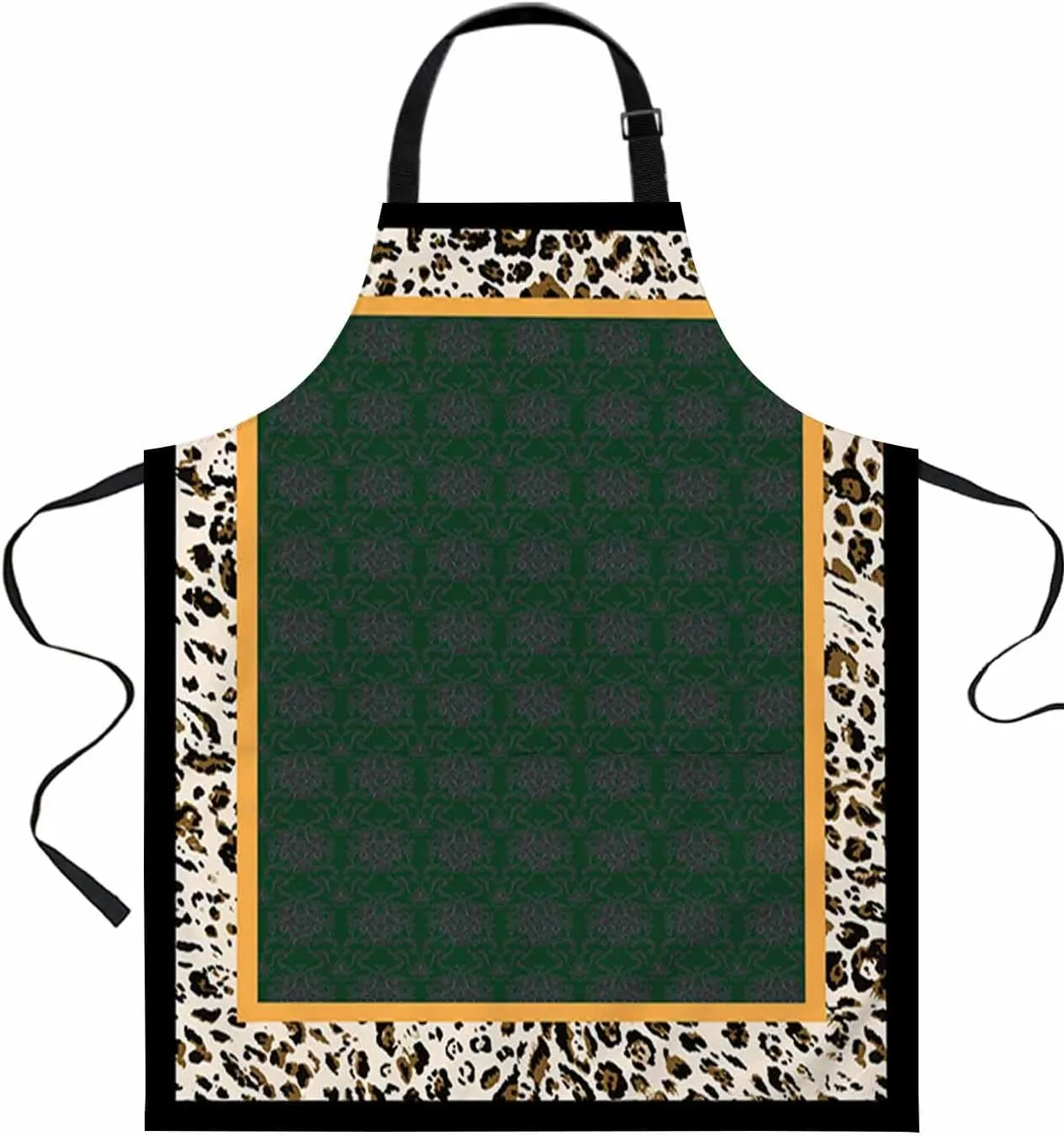 Boho Green Waterproof Apron With Pockets, Abstract Leopard Print Retro Brown Bohemian Kitchen Chefs Bib Cooking BBQ Grill Bake Adjustable Aprons for Women/Kids Home Garden Grooming Painting Gardening
