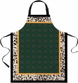 Boho Green Waterproof Apron With Pockets, Abstract Leopard Print Retro Brown Bohemian Kitchen Chefs Bib Cooking BBQ Grill Bake Adjustable Aprons for Women/Kids Home Garden Grooming Painting Gardening