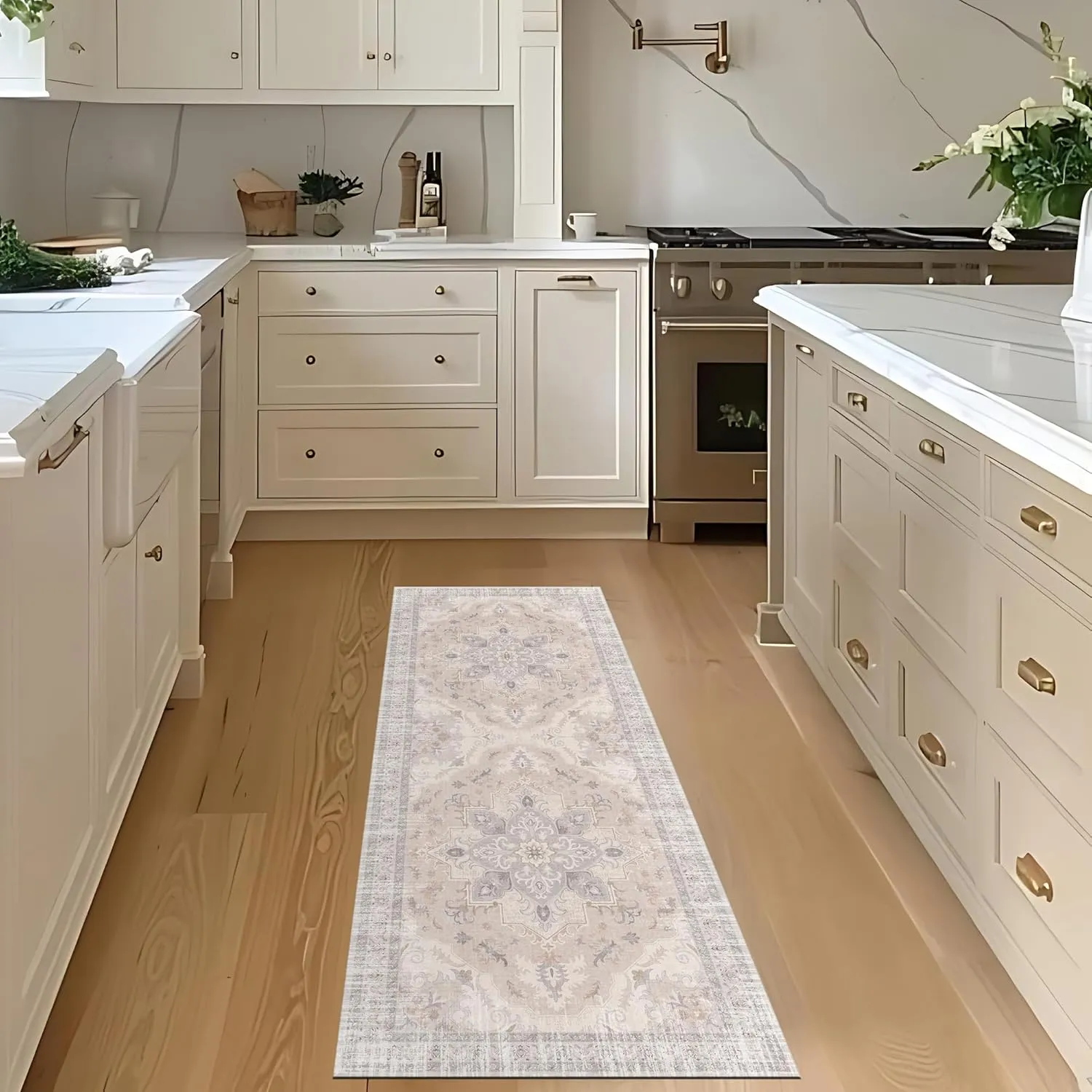 Boho Tribal Runner Rug - 2x6 Hallway Runner Rugs with Non-Slip Backing Low-Pile Boho Washable Distressed Printed Rug for Hallway Kitchen Farmhouse Bathroom Laundry Room Bedroom- Light Blush