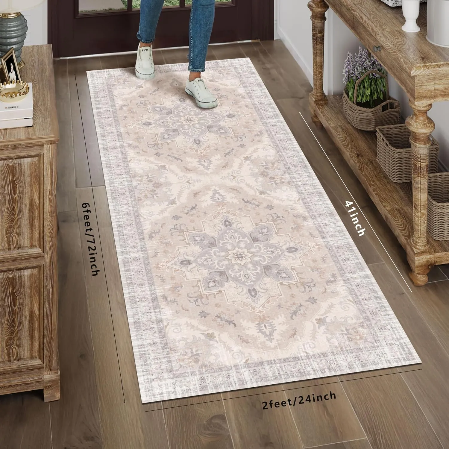 Boho Tribal Runner Rug - 2x6 Hallway Runner Rugs with Non-Slip Backing Low-Pile Boho Washable Distressed Printed Rug for Hallway Kitchen Farmhouse Bathroom Laundry Room Bedroom- Light Blush