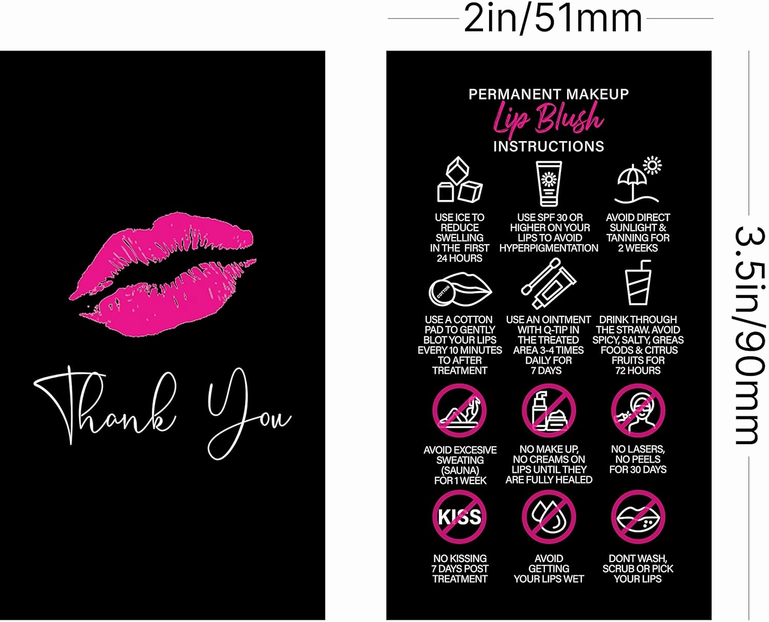 BRAWNA 100 Pck Lip Blush Aftercare Thank You Cards - Microblading Training Supplies - Black
