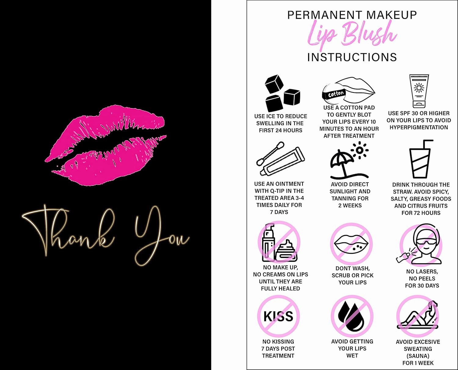 BRAWNA 100 Pck Lip Blush Aftercare Thank You Cards - Microblading Training Supplies - Black
