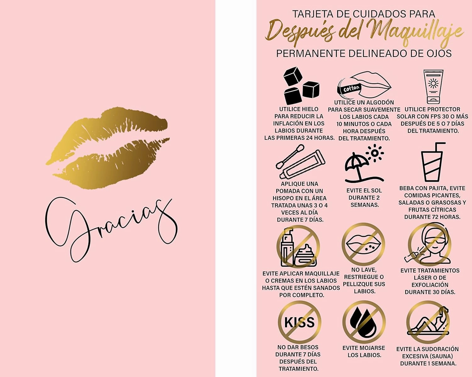 BRAWNA 100 Pink Spanish PMU Lip Blush Aftercare Thank You Cards - Instrucciones Para El Cuidado Después Del Rubor De Labios Permanente - PMU Supplies - Microblading Kit - Pink