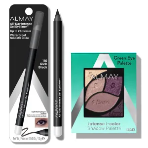Bundle of Eyeshadow Palette by Almay, Longlasting Eye Makeup, Hypoallergenic, 040 Green Eyes, 0.1 Oz   Gel Eyeliner by Almay, Waterproof, Easy-to-Sharpen Liner Pencil, 110 Rich Black, 0.028 Oz