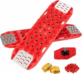 BUNKER INDUST Offroad Traction Boards with Jack Base,Pair 47.24" L x 14" W Recovery Tracks for 4x4 Vehicles Tire Traction Mat -Sand,Mud,Snow Ramps(Replaceable Teeth/Rugged Steel Plate) Red