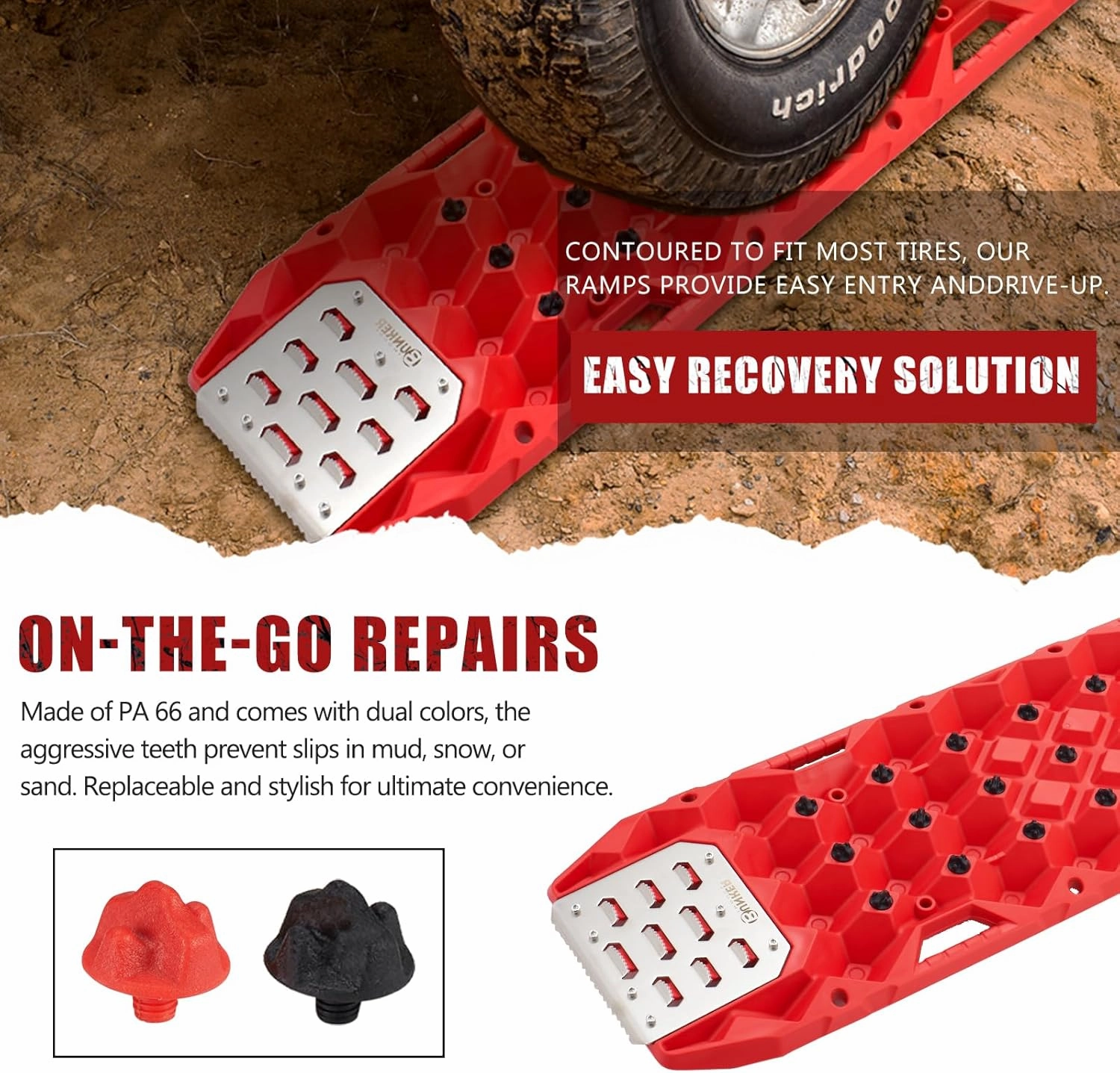BUNKER INDUST Offroad Traction Boards with Jack Base,Pair 47.24" L x 14" W Recovery Tracks for 4x4 Vehicles Tire Traction Mat -Sand,Mud,Snow Ramps(Replaceable Teeth/Rugged Steel Plate) Red