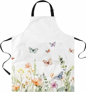 Butterfly Floral Waterproof Apron With Pockets, Botanical Plant Leaves Herb Watercolor Kitchen Chefs Bib Cooking BBQ Grill Bake Adjustable Aprons for Women/Kids Home Garden Grooming Painting Gardening