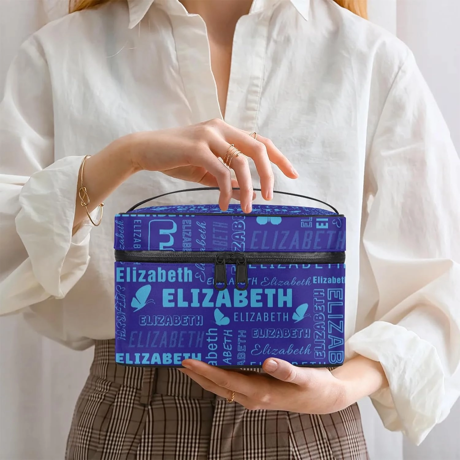 Butterfly Custom Name Makeup Bag Personalized Large Cosmetic Case Portable Travel Make Up Organizer for Women Girls With Handle, Blue Light Blue