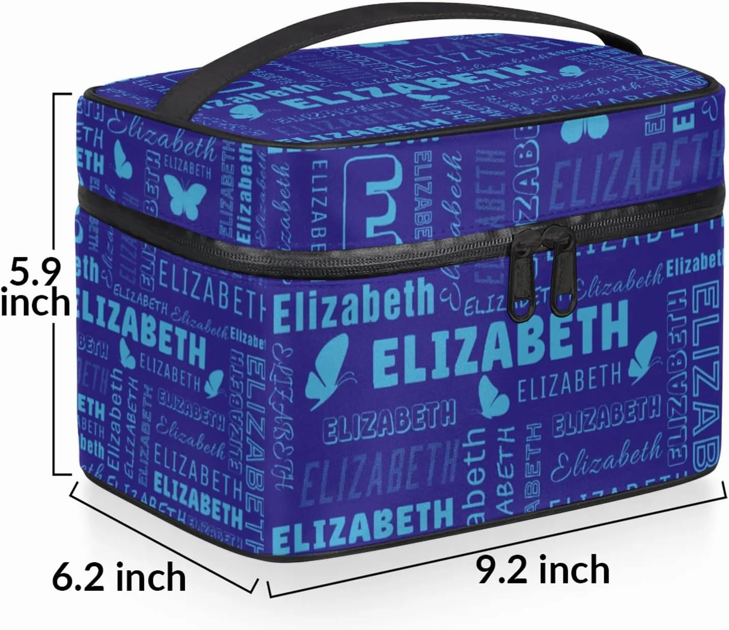 Butterfly Custom Name Makeup Bag Personalized Large Cosmetic Case Portable Travel Make Up Organizer for Women Girls With Handle, Blue Light Blue