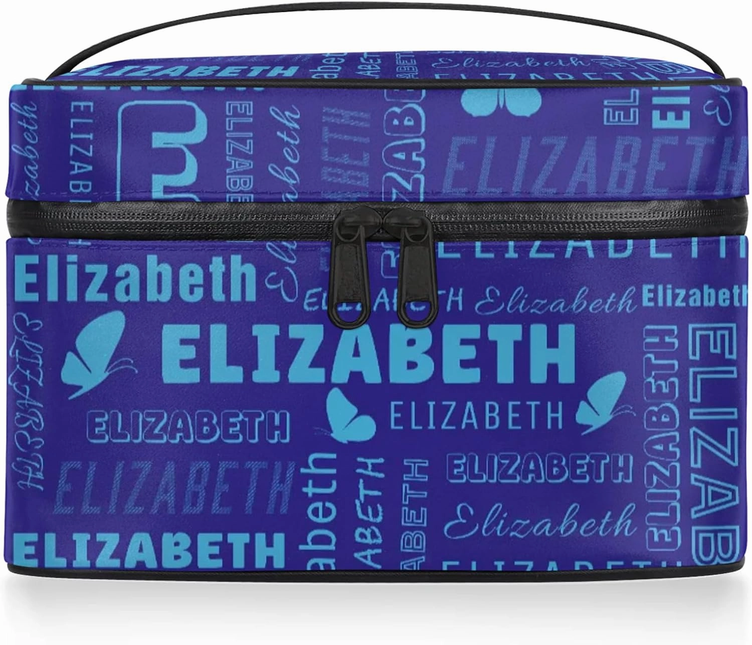 Butterfly Custom Name Makeup Bag Personalized Large Cosmetic Case Portable Travel Make Up Organizer for Women Girls With Handle, Blue Light Blue