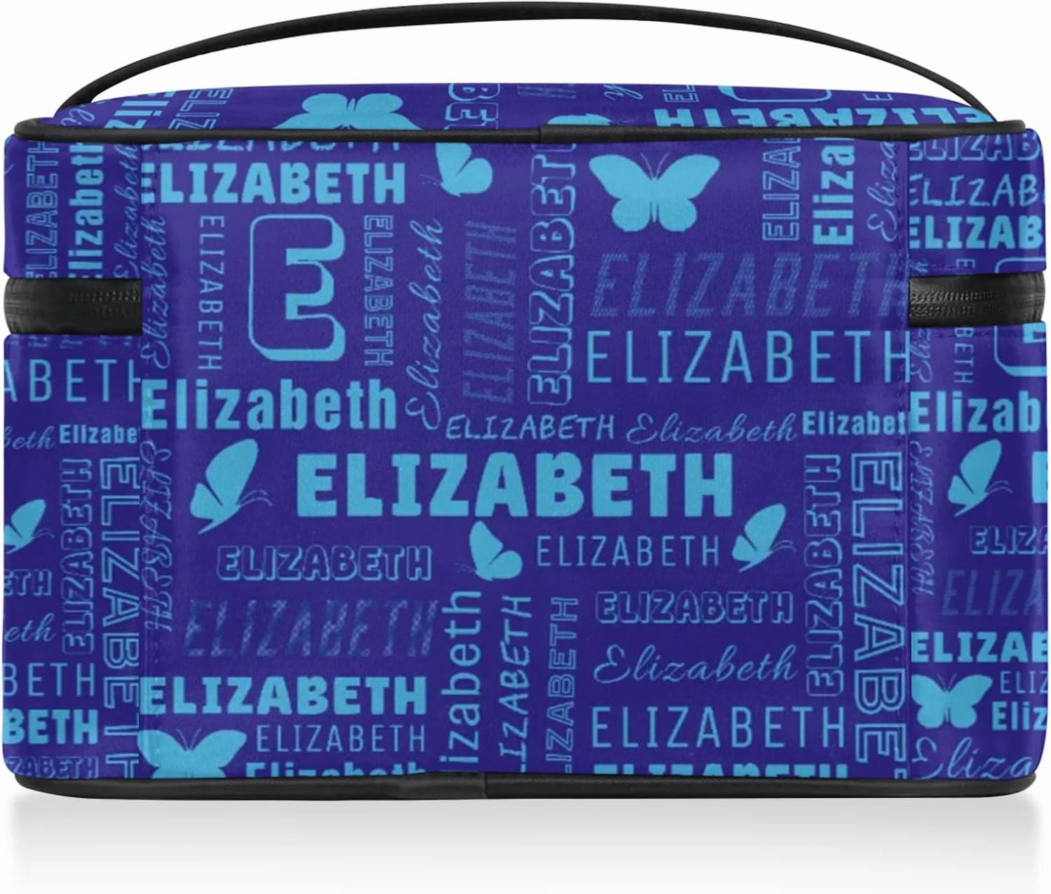 Butterfly Custom Name Makeup Bag Personalized Large Cosmetic Case Portable Travel Make Up Organizer for Women Girls With Handle, Blue Light Blue