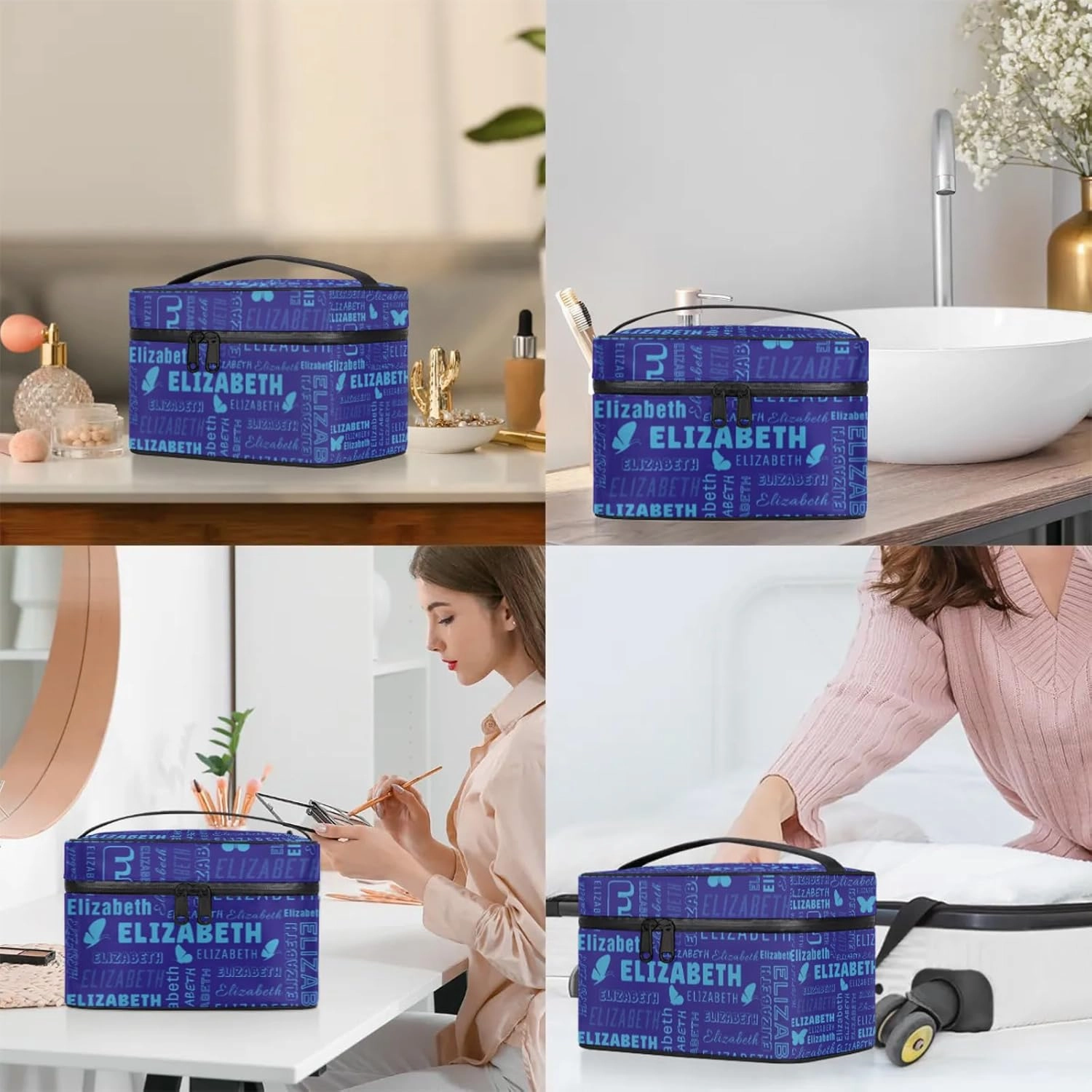 Butterfly Custom Name Makeup Bag Personalized Large Cosmetic Case Portable Travel Make Up Organizer for Women Girls With Handle, Blue Light Blue