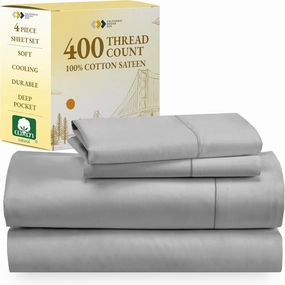 California Design Den Queen Sheets Set - Soft 400 Thread Count Sateen, Natural 100% Cotton Sheets, Deep Pockets with All Around Elastic for a Snug Fit, Cool & Durable Bedding Set - Light Grey