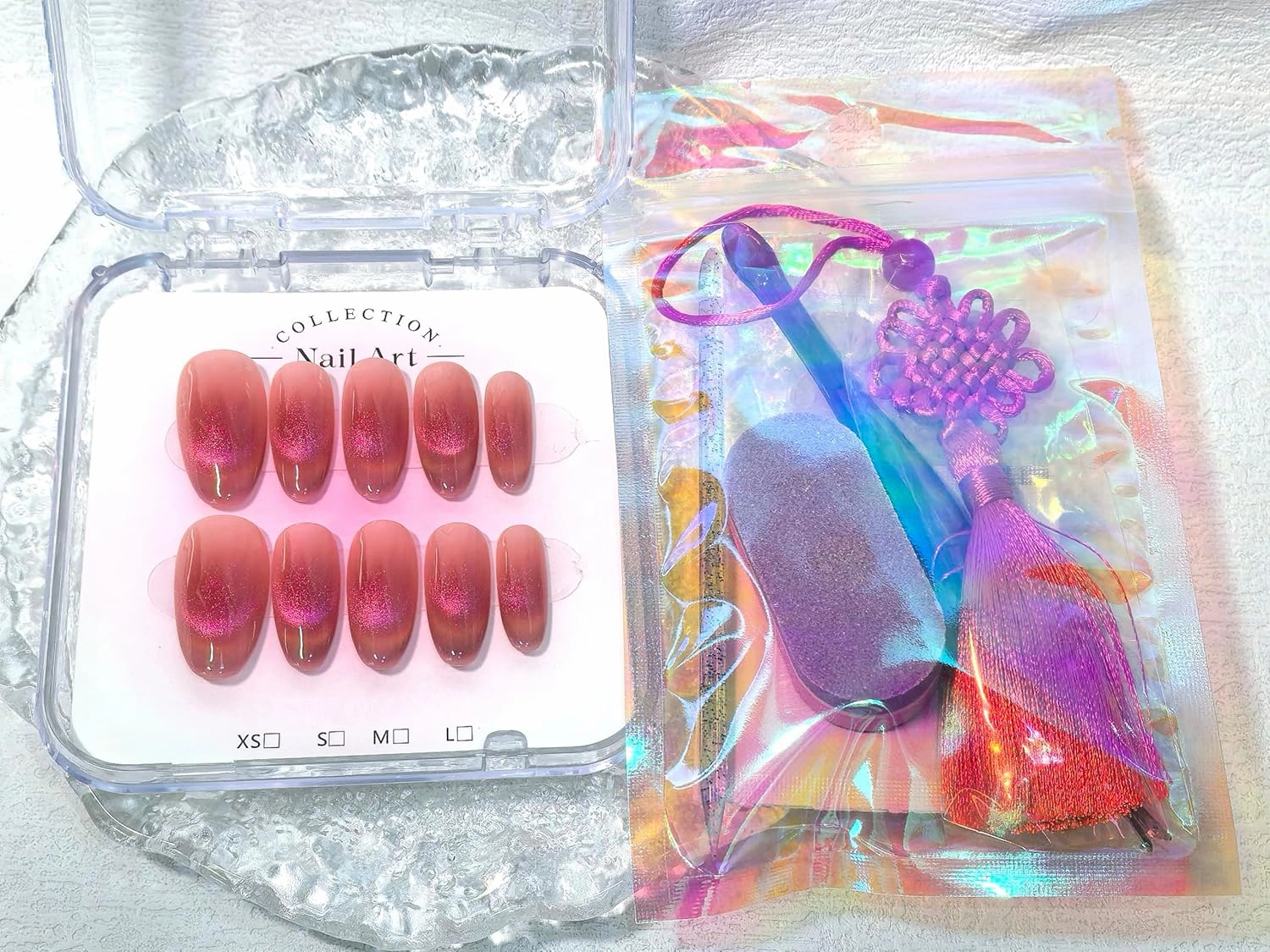 Cat Eye Middle Oval Shape Press On Nails, Pink Blush Red with Ultra-Bright Effect, Set of 10. Hot girl style, Eye-catching and radiant,Youthful&Beautiful(Pinkish blush red, Small hands)