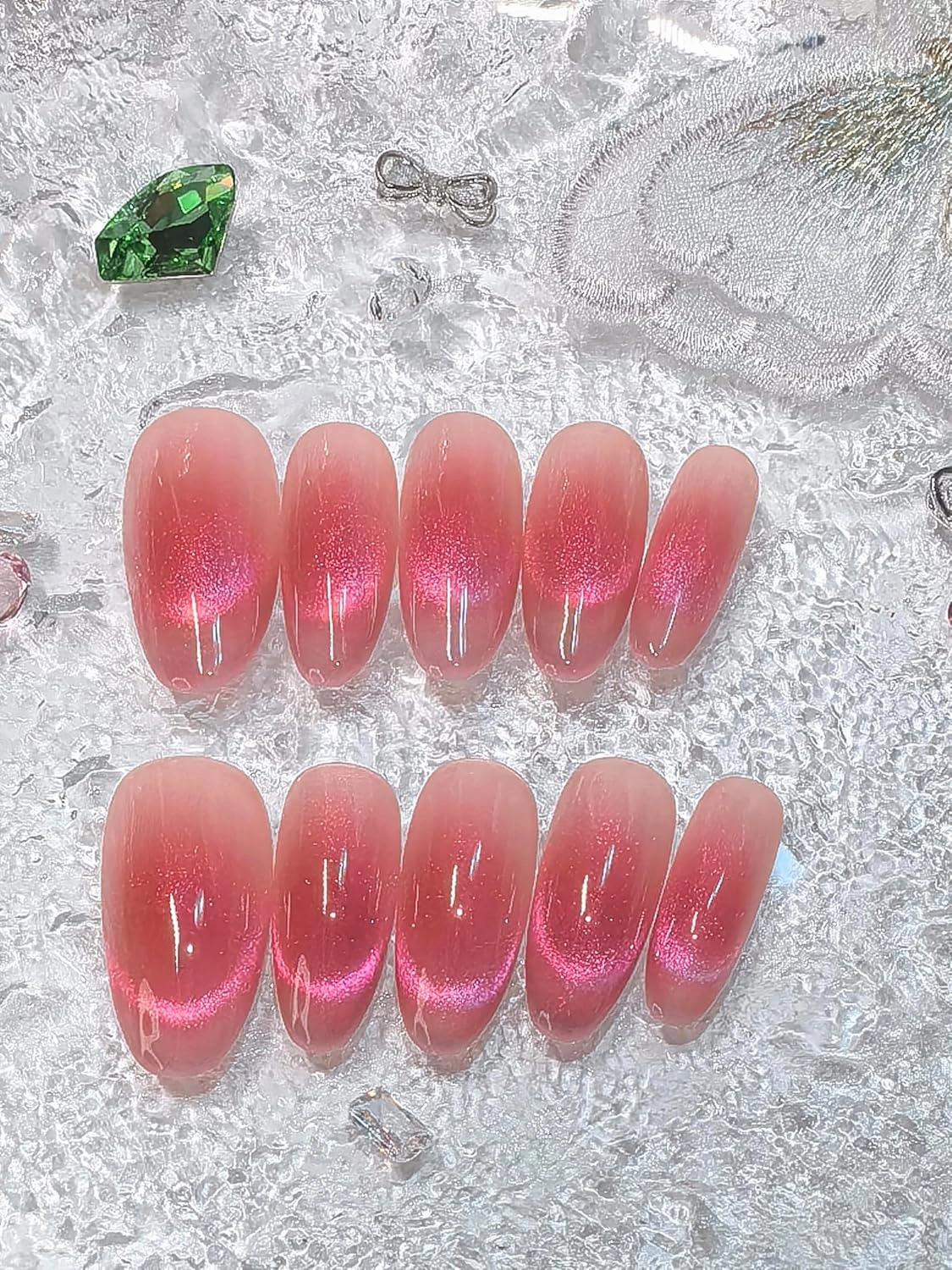 Cat Eye Middle Oval Shape Press On Nails, Pink Blush Red with Ultra-Bright Effect, Set of 10. Hot girl style, Eye-catching and radiant,Youthful&Beautiful(Pinkish blush red, Small hands)