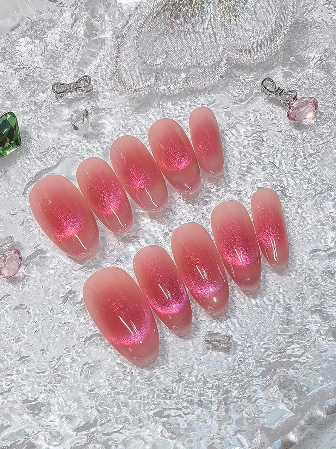 Cat Eye Middle Oval Shape Press On Nails, Pink Blush Red with Ultra-Bright Effect, Set of 10. Hot girl style, Eye-catching and radiant,Youthful&Beautiful(Pinkish blush red, Small hands)