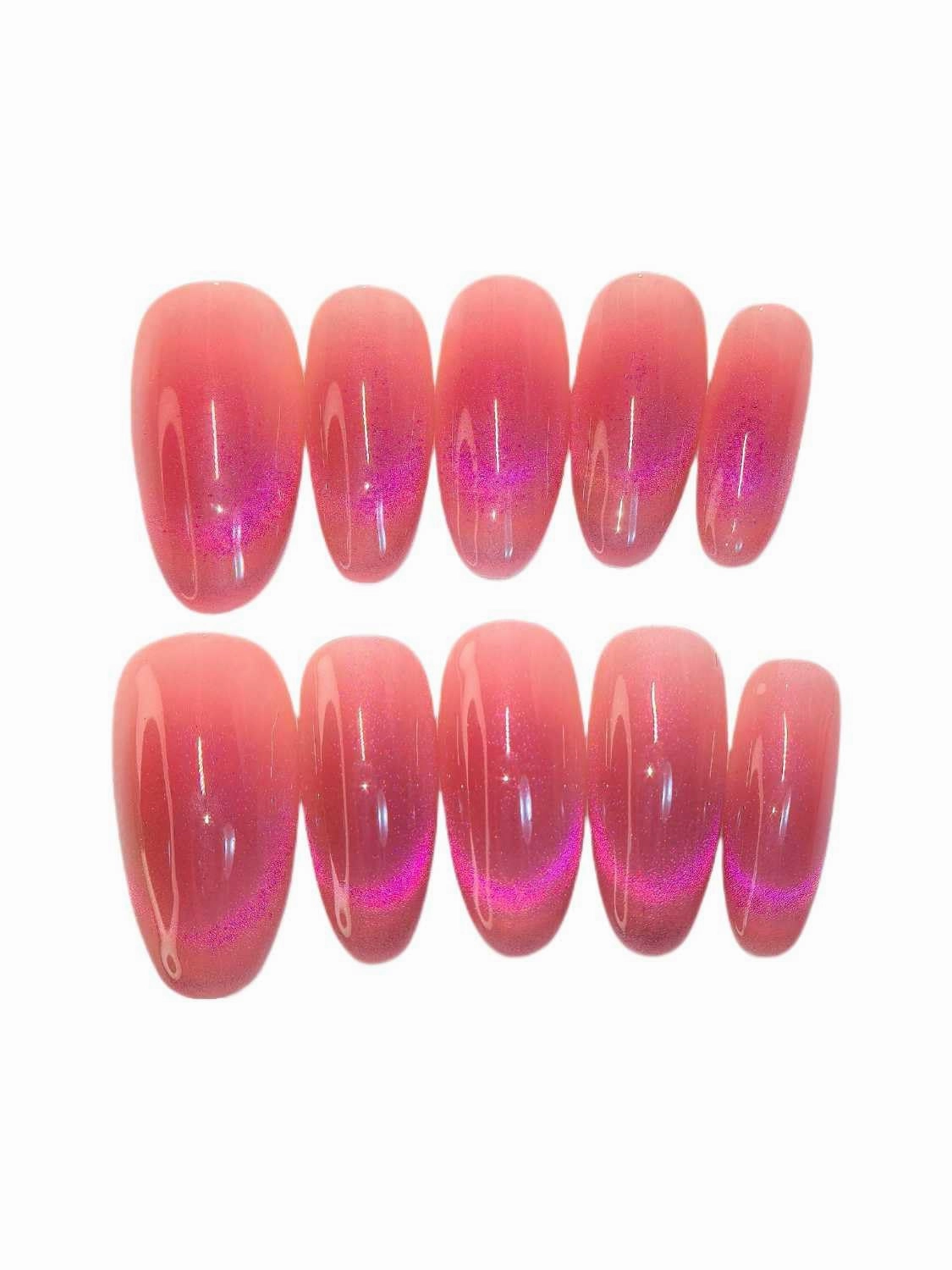 Cat Eye Middle Oval Shape Press On Nails, Pink Blush Red with Ultra-Bright Effect, Set of 10. Hot girl style, Eye-catching and radiant,Youthful&Beautiful(Pinkish blush red, Small hands)