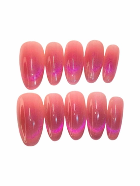 Cat Eye Middle Oval Shape Press On Nails, Pink Blush Red with Ultra-Bright Effect, Set of 10. Hot girl style, Eye-catching and radiant,Youthful&Beautiful(Pinkish blush red, Small hands)