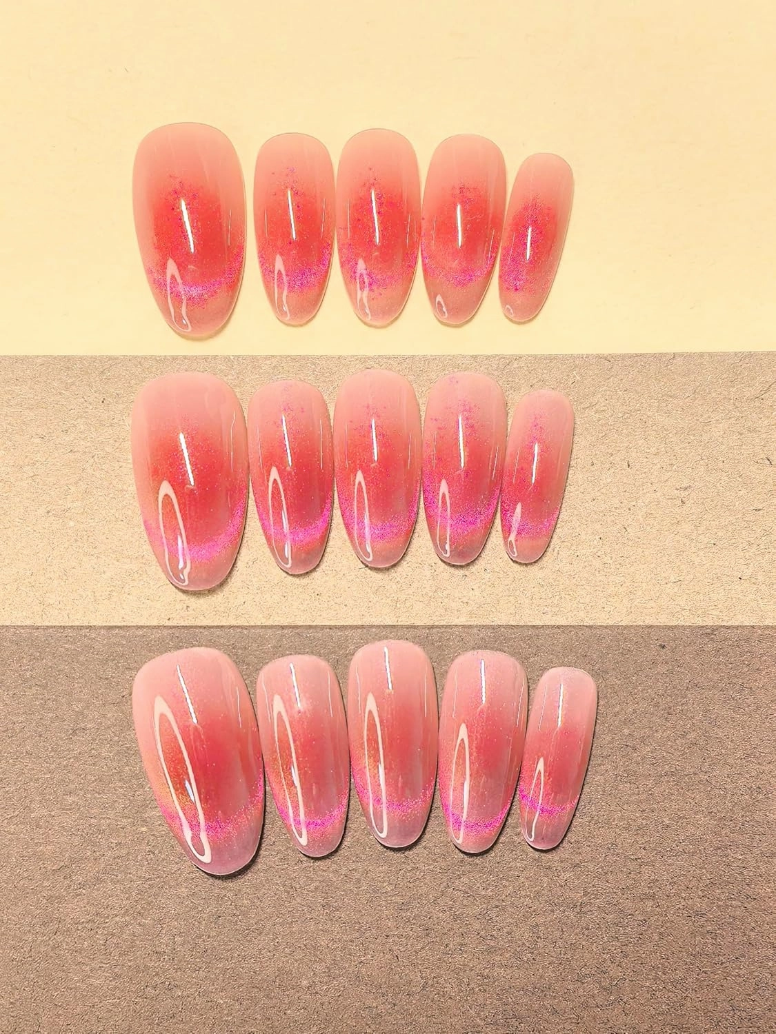 Cat Eye Middle Oval Shape Press On Nails, Pink Blush Red with Ultra-Bright Effect, Set of 10. Hot girl style, Eye-catching and radiant,Youthful&Beautiful(Pinkish blush red, Small hands)