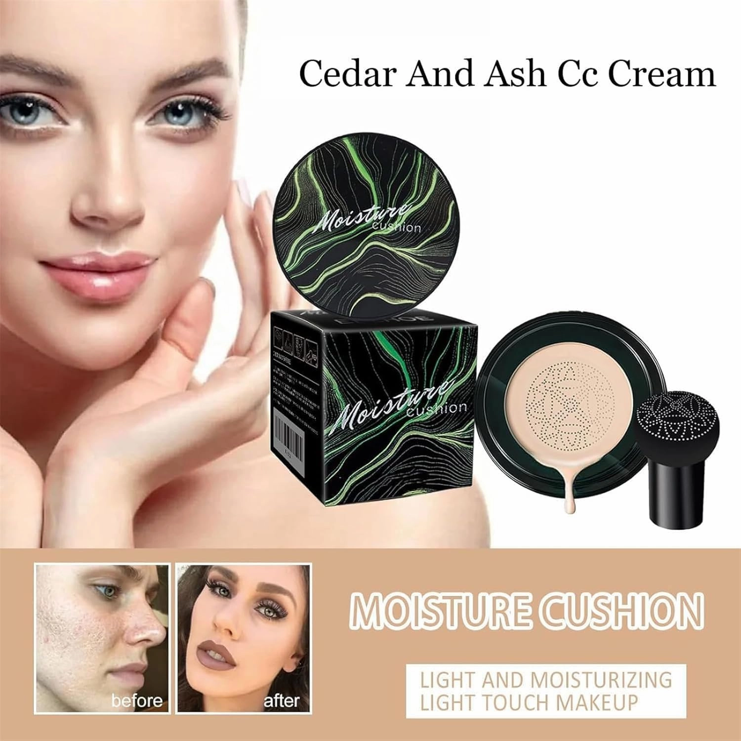 Cedar and Ash Cc Cream, Cedar and Ash Makeup, 2pack Mushroom Head Cushion Cc Cream, Lightweight Foundation, Hydrating Cushion Formula, Natural Finish, Suitable for All Skin Types (Natural, 2)