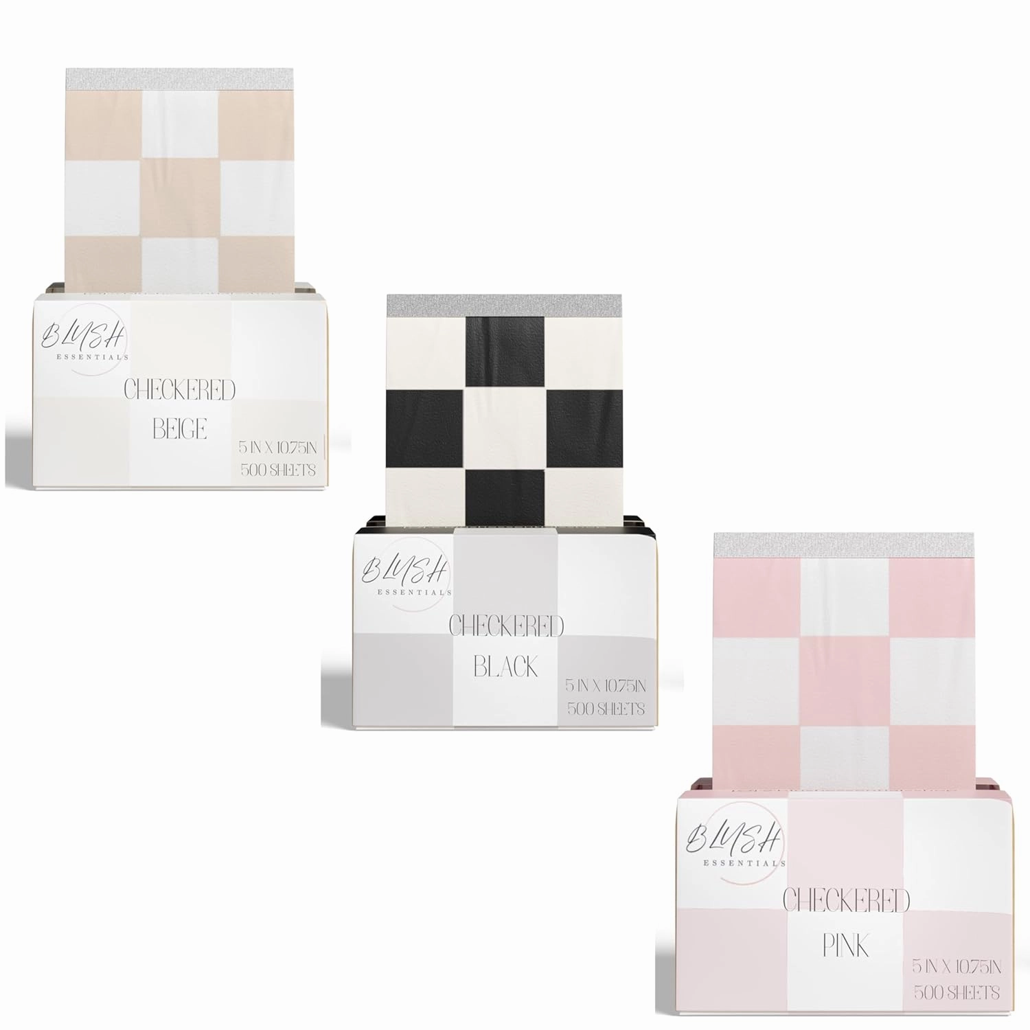 Checkered Trio (Pink, Beige, Black) Hair Salon Pop Up Foils, Aluminum Foil Sheets for Highlighting and Coloring, Salon Hair Foils, 5"x10.75", 500 Foil Sheets (3)