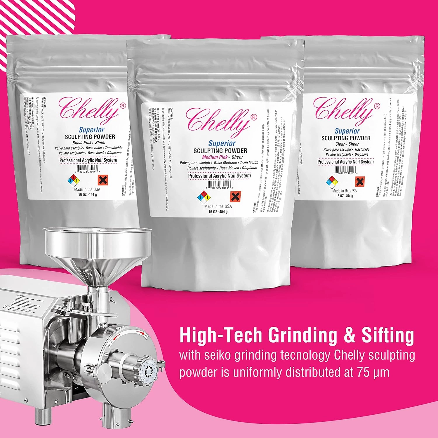 Chelly Superior Sculpting Powder Professional Acrylic Nail System Clear Blush Pink Medium Pink 16 oz 454 g (Medium Pink)