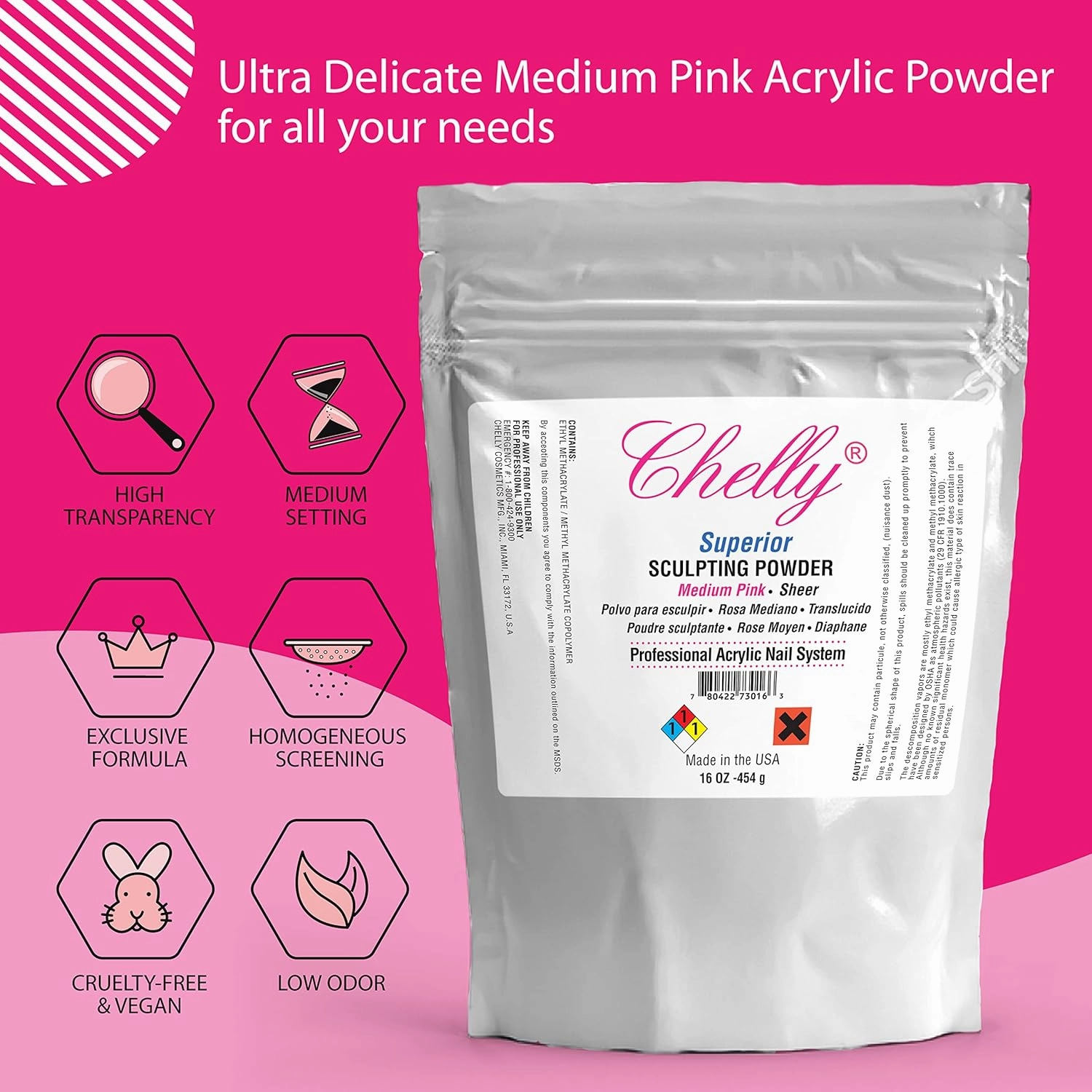 Chelly Superior Sculpting Powder Professional Acrylic Nail System Clear Blush Pink Medium Pink 16 oz 454 g (Medium Pink)