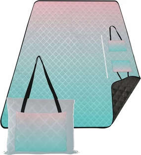 CHIFIGNO Blush Pink Turquoise Gradient Oversized Beach Blanket Waterproof, Grass Blankets for Outdoors Cute Picnic Mat Foldable, 80" x 60"