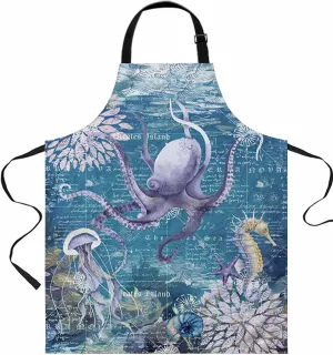 Coastal Octopus Waterproof Apron With Pockets, Kitchen Chefs Bib Cooking BBQ Grill Bake Adjustable Aprons for Women/Kids Home Garden Grooming Painting Gardening Ocean Starfish Retro Nautical Maps Blue
