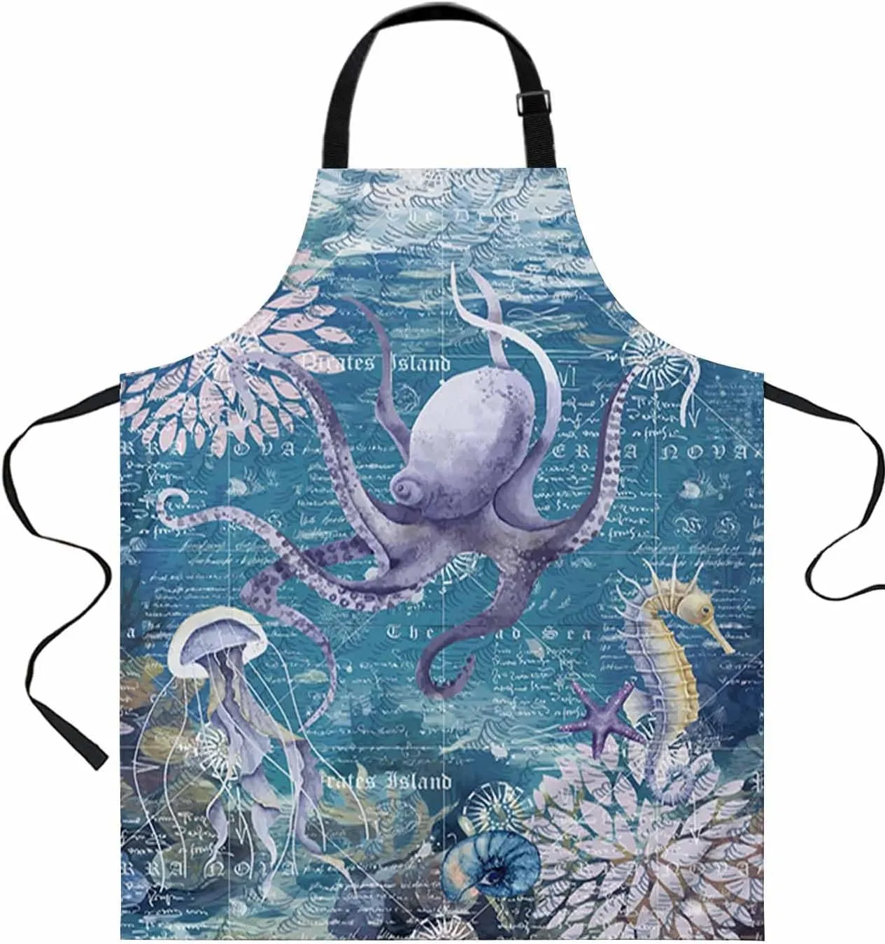 Coastal Octopus Waterproof Apron With Pockets, Kitchen Chefs Bib Cooking BBQ Grill Bake Adjustable Aprons for Women/Kids Home Garden Grooming Painting Gardening Ocean Starfish Retro Nautical Maps Blue