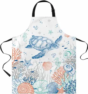 Coastal Turtle Blue Waterproof Apron With Pockets,Ocean Orange Green Coral Seaweed Shells Kitchen Chefs Bib Cooking BBQ Grill Bake Adjustable Aprons for Women Home Garden Grooming Painting Gardening