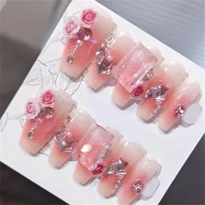 Coffin Medium Handmade Press on Nails Elegant Rose Nail Art Decoration Blooming Blush Pink Manicure for Women and Girls 10PCS (104-S)