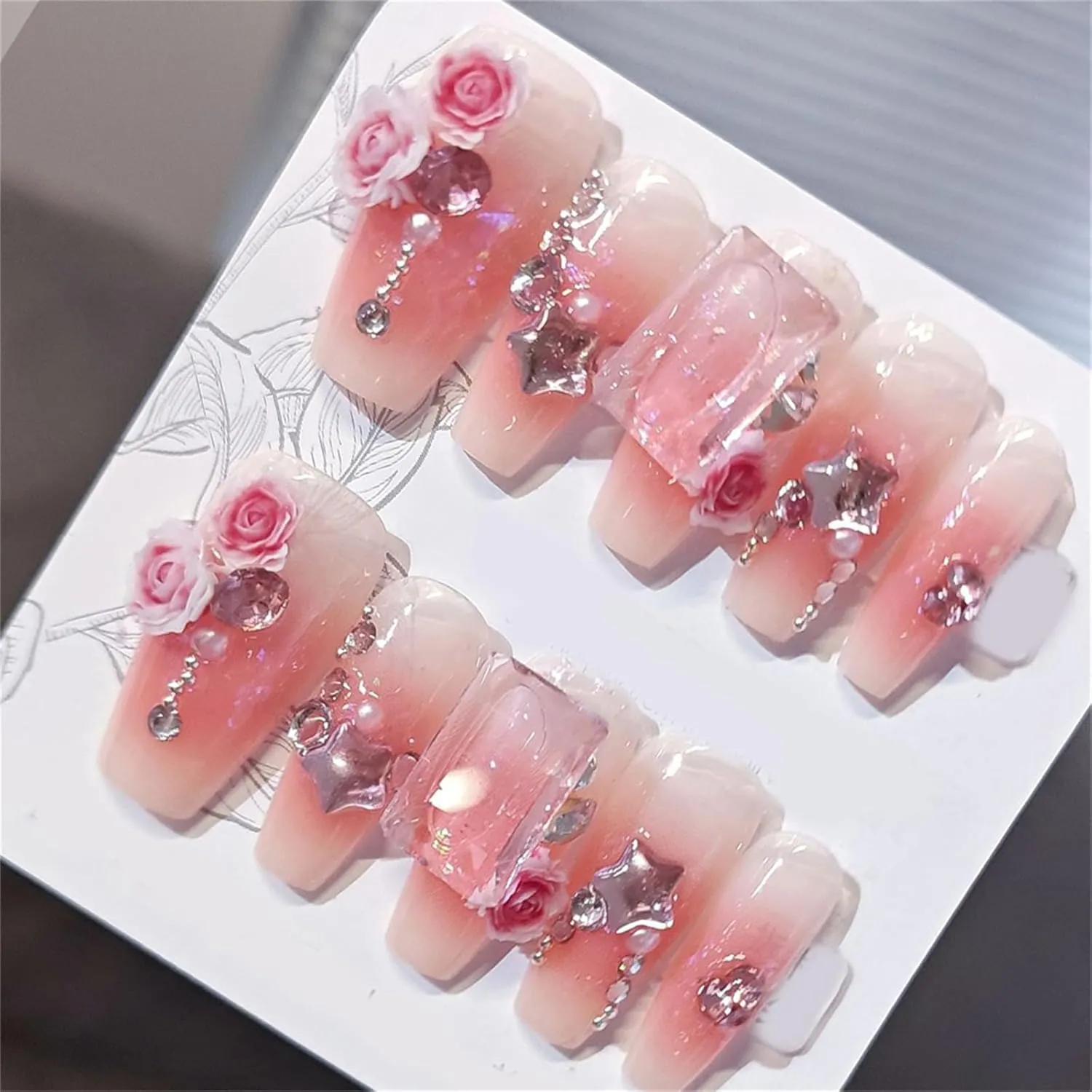Coffin Medium Handmade Press on Nails Elegant Rose Nail Art Decoration Blooming Blush Pink Manicure for Women and Girls 10PCS (104-S)