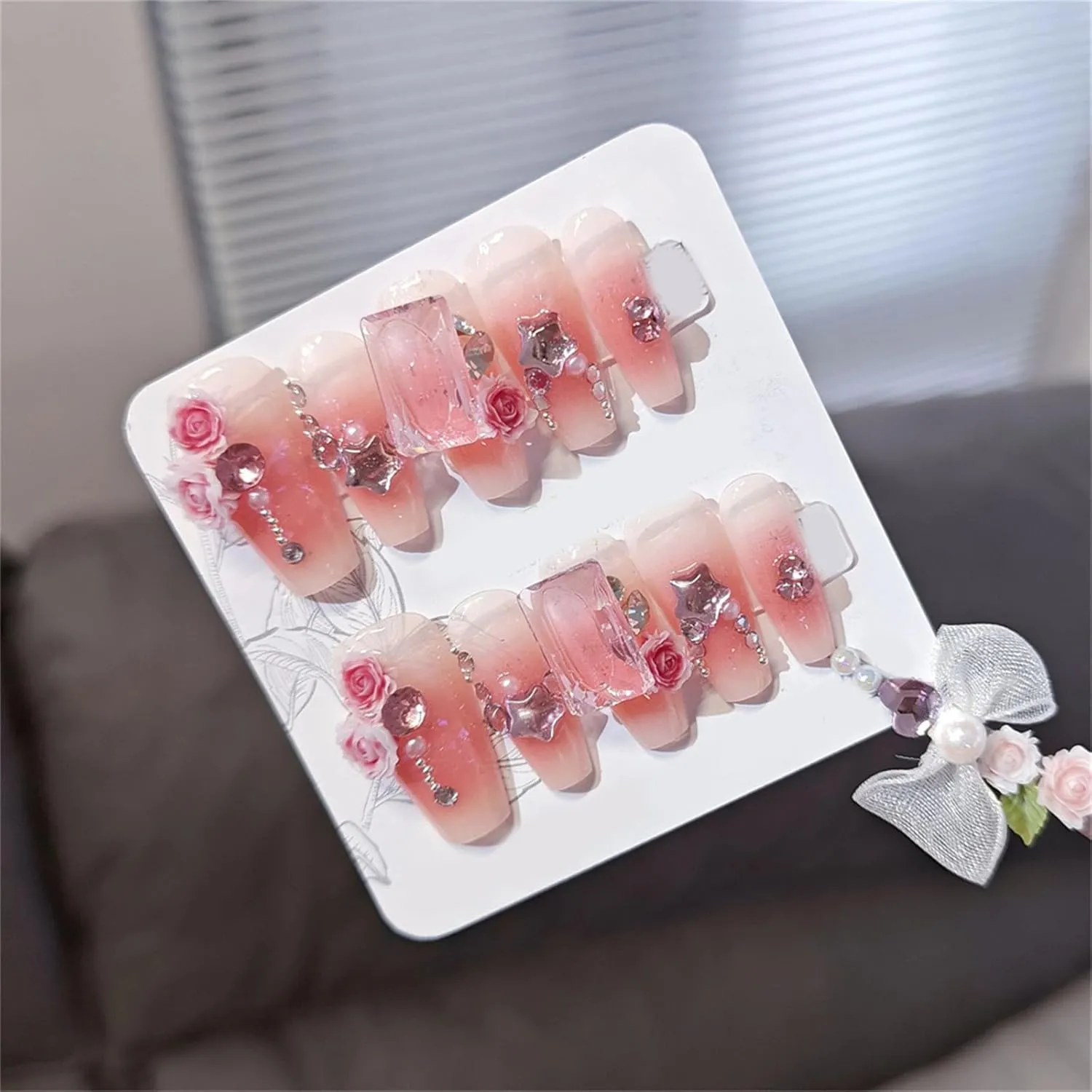 Coffin Medium Handmade Press on Nails Elegant Rose Nail Art Decoration Blooming Blush Pink Manicure for Women and Girls 10PCS (104-S)