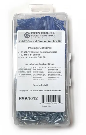 CONFAST® #10-12 Plastic Conical Blue Bantam Drywall Wall Anchor Kit PAK1012, Includes (100) Anchors, (100) Screws and (1) Drill bit (201 Pieces)