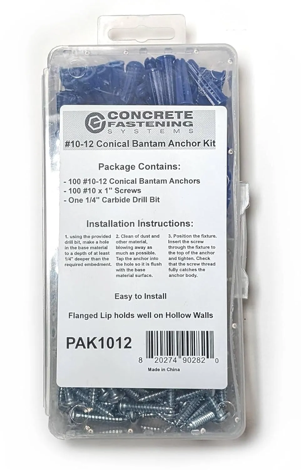 CONFAST® #10-12 Plastic Conical Blue Bantam Drywall Wall Anchor Kit PAK1012, Includes (100) Anchors, (100) Screws and (1) Drill bit (201 Pieces)