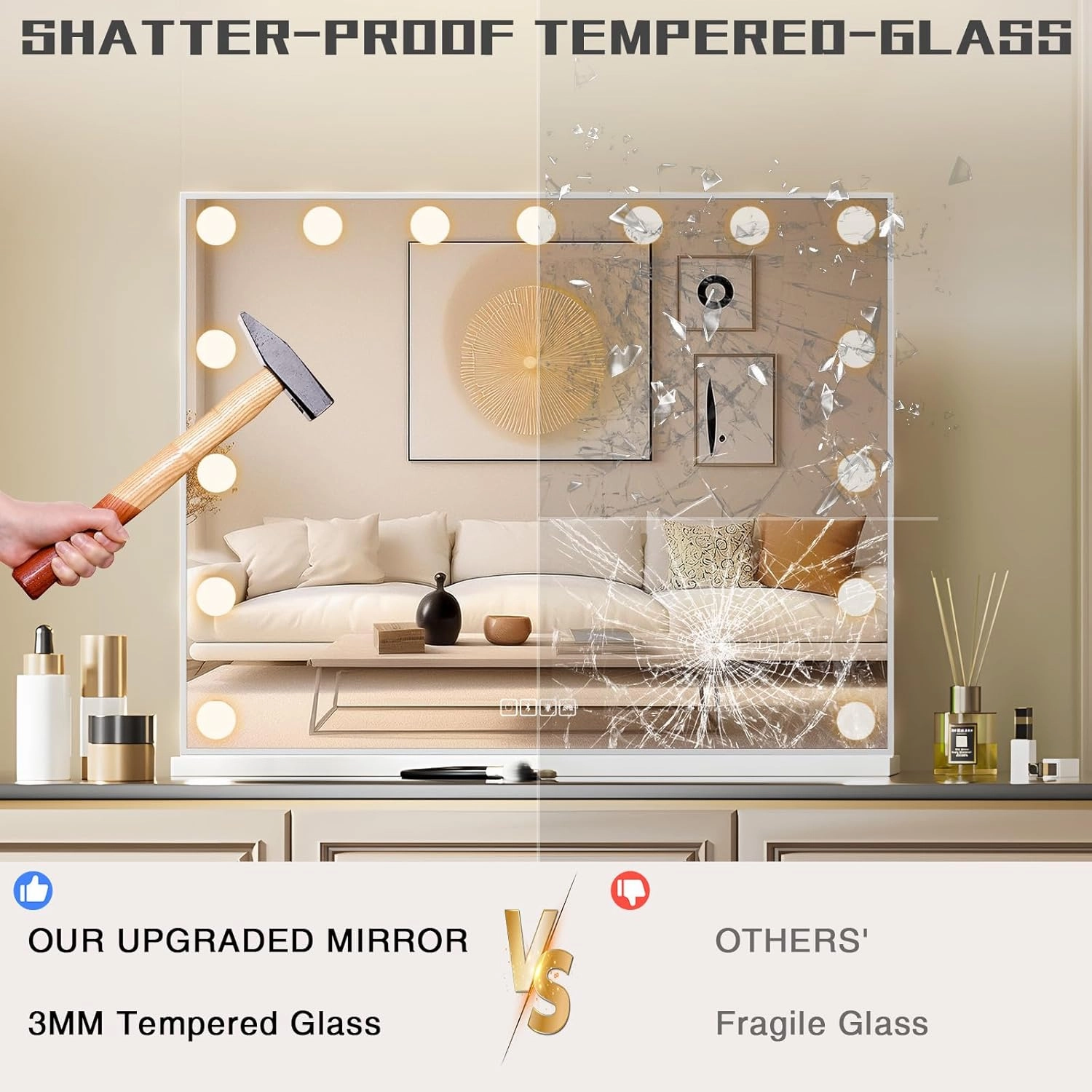 COOLJEEN Hollywood Vanity Mirror with 15 Dimmable Bulbs and USB Charging Port, 3 Color Lighted Makeup Mirror with 10X Magnification, Tabletop