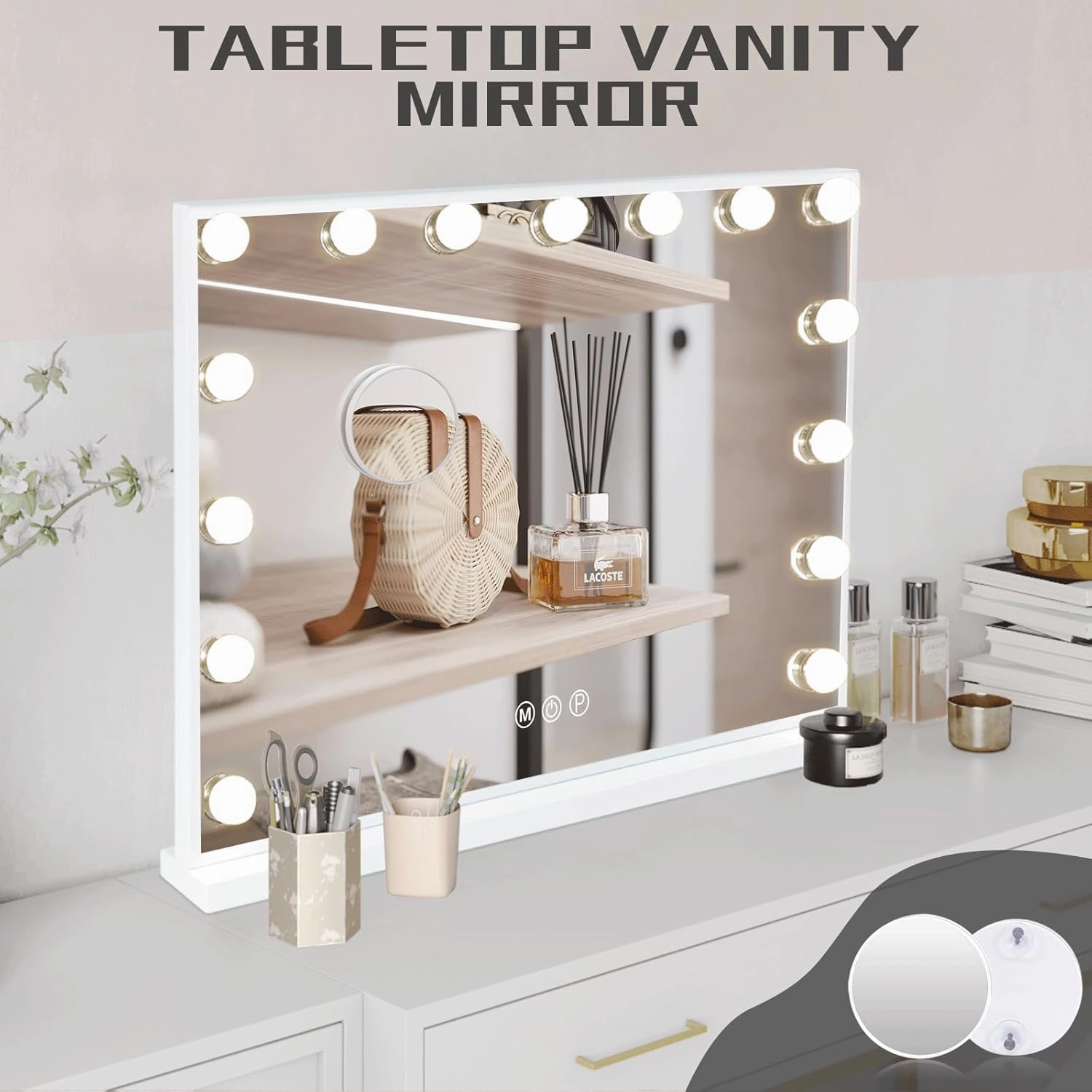 COOLJEEN Hollywood Vanity Mirror with 15 Dimmable Bulbs and USB Charging Port, 3 Color Lighted Makeup Mirror with 10X Magnification, Tabletop