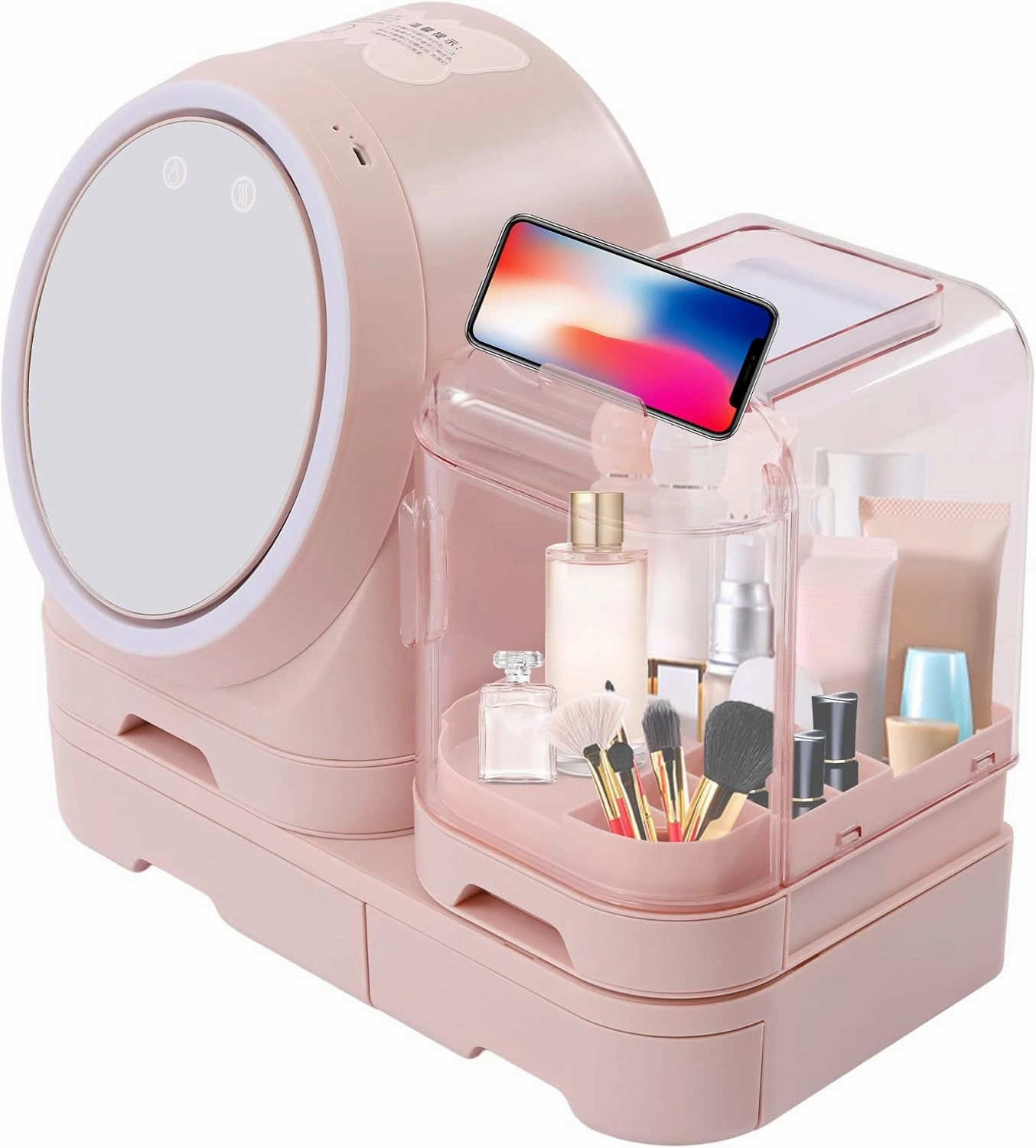 Cosmetic Storage Display Cases, Travel Makeup Bag with Mirror and Light 14.6*8.3*13inch Makeup Box Transparent Dust Cover 120 Light Beads 3 Kinds of Lights 360° Rotating Mirror 1200mah Battery