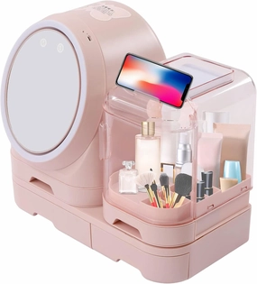 Cosmetic Storage Display Cases, Travel Makeup Bag with Mirror and Light 14.6*8.3*13inch Makeup Box Transparent Dust Cover 120 Light Beads 3 Kinds of Lights 360° Rotating Mirror 1200mah Battery